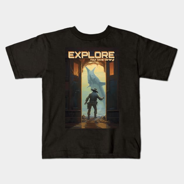 Explore your local library! Kids T-Shirt by Copper City Dungeon